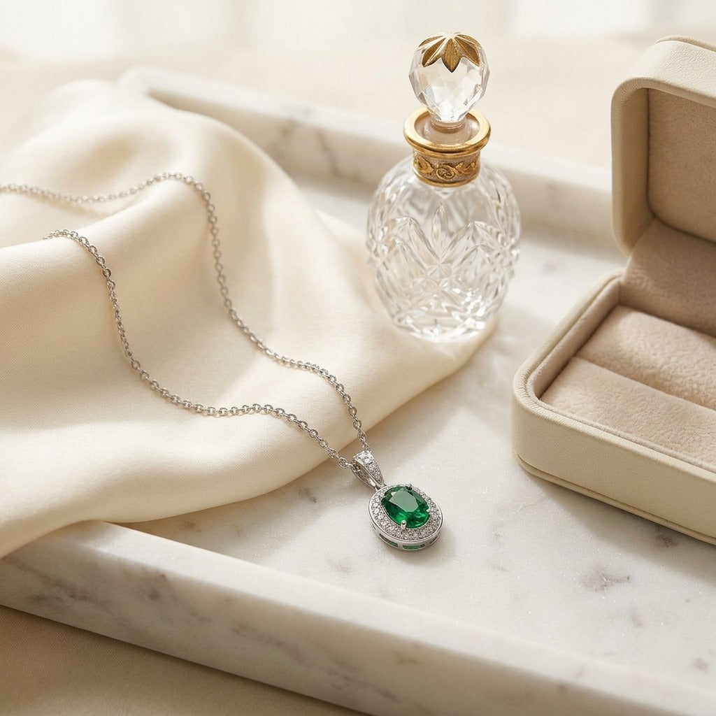 Emerald And Diamond Oval Halo Pendant In 14k White Gold 16 In Rolo Chain — marble silk