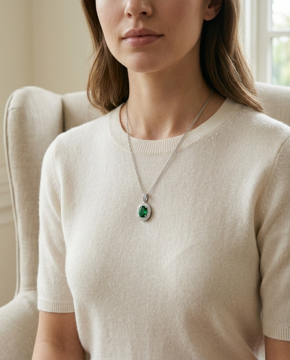 Emerald And Diamond Oval Halo Pendant In 14k White Gold 16 In Rolo Chain — portrait close