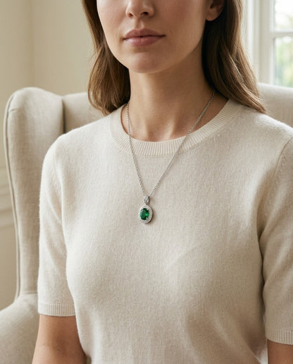 Emerald And Diamond Oval Halo Pendant In 14k White Gold 16 In Rolo Chain — portrait close