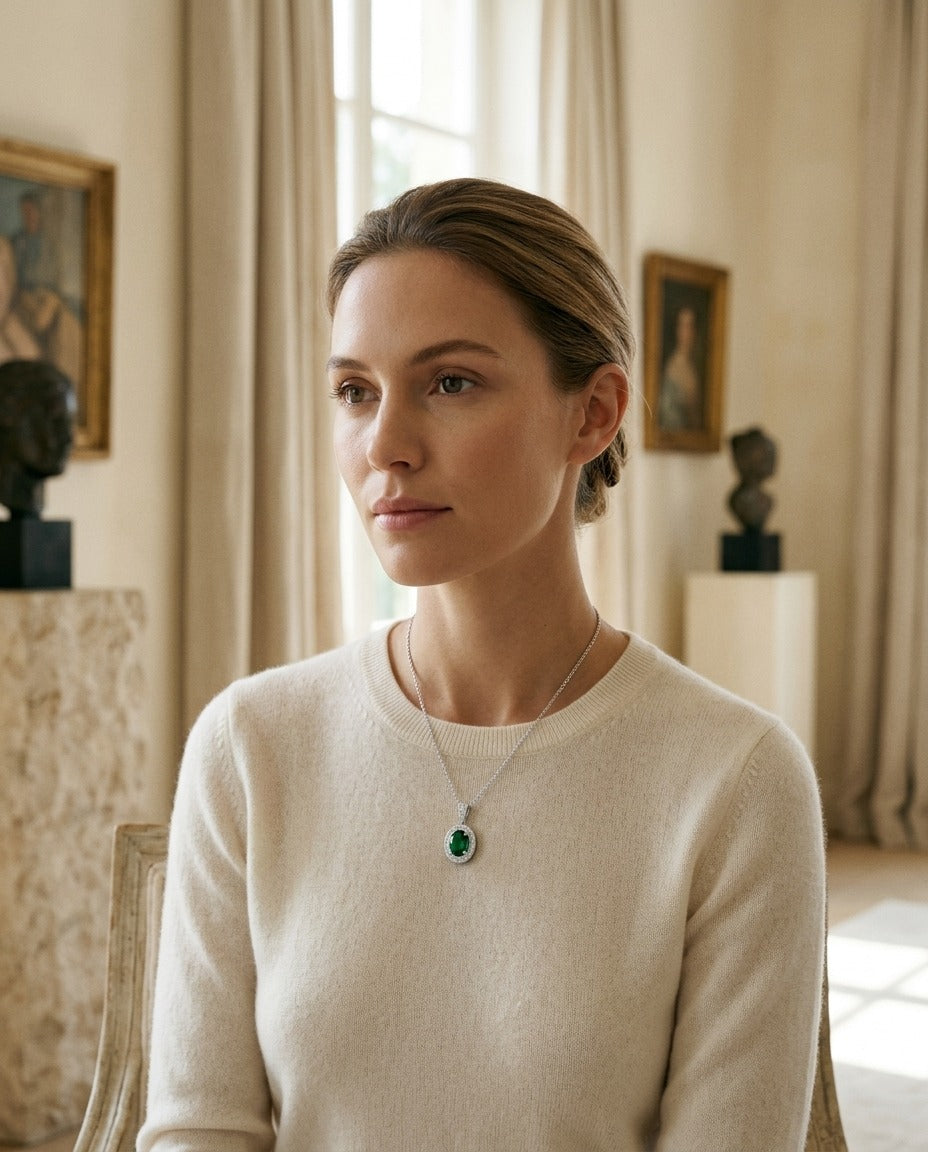 Emerald And Diamond Oval Halo Pendant In 14k White Gold 16 In Rolo Chain — portrait full