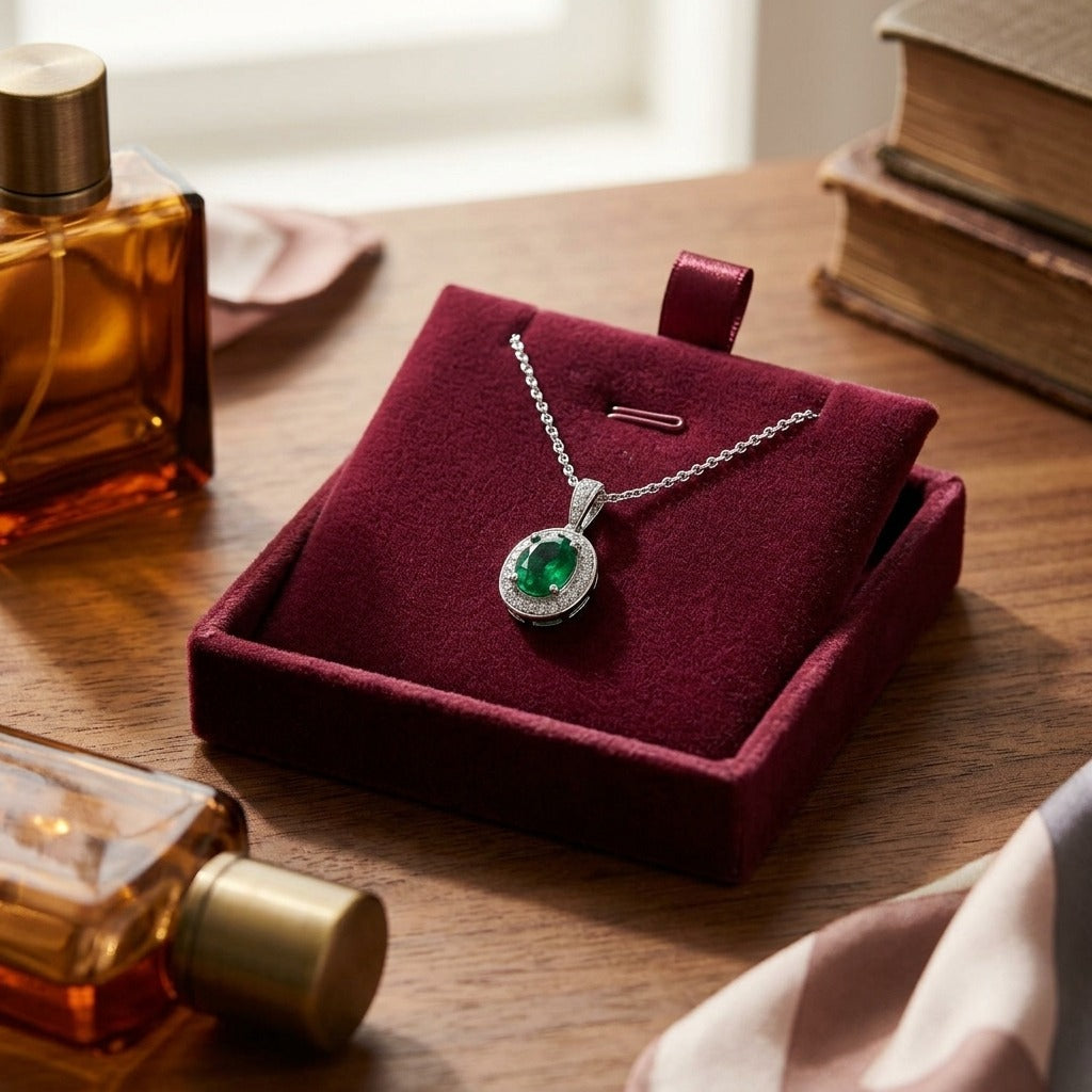 Emerald And Diamond Oval Halo Pendant In 14k White Gold 16 In Rolo Chain — velvet box