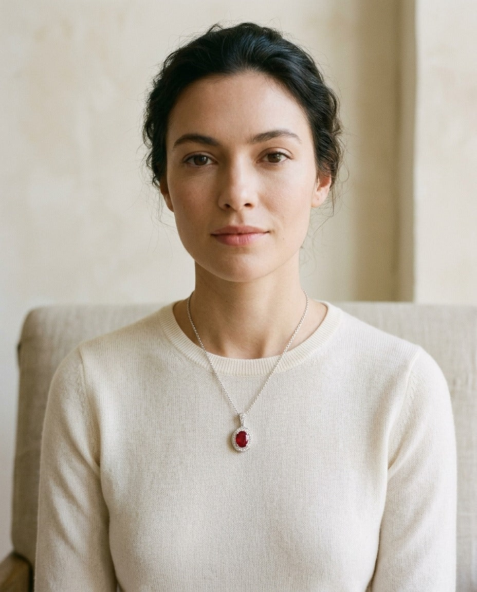 Ruby Oval And Diamond Pendant In 14k White Gold — portrait close