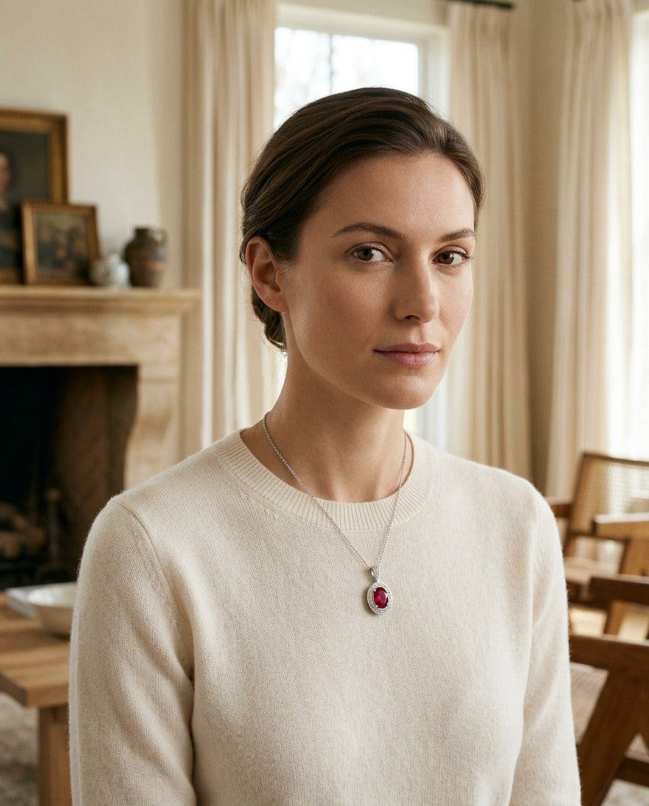 Ruby Oval And Diamond Pendant In 14k White Gold — portrait full