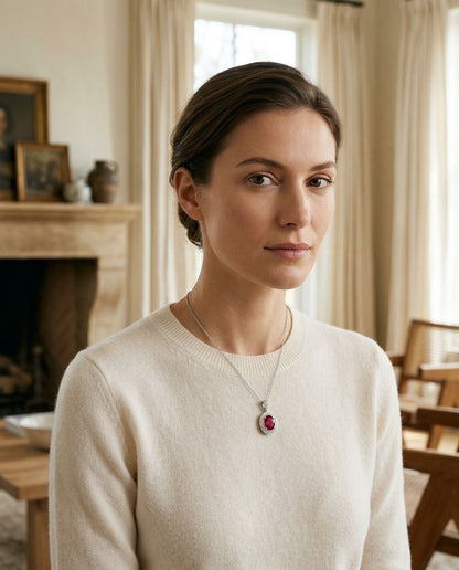 Ruby Oval And Diamond Pendant In 14k White Gold — portrait full