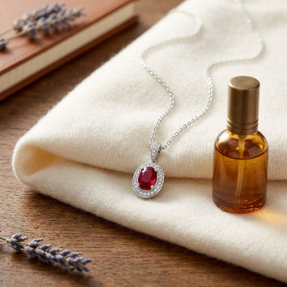 Ruby Oval And Diamond Pendant In 14k White Gold — textile flat lay