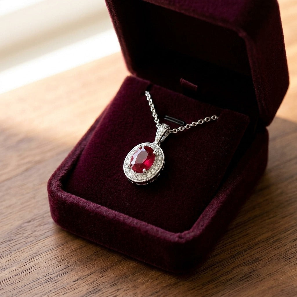 Ruby And Diamond Pendant In 14k White Gold (1/6 Ct. Tw,) — velvet box
