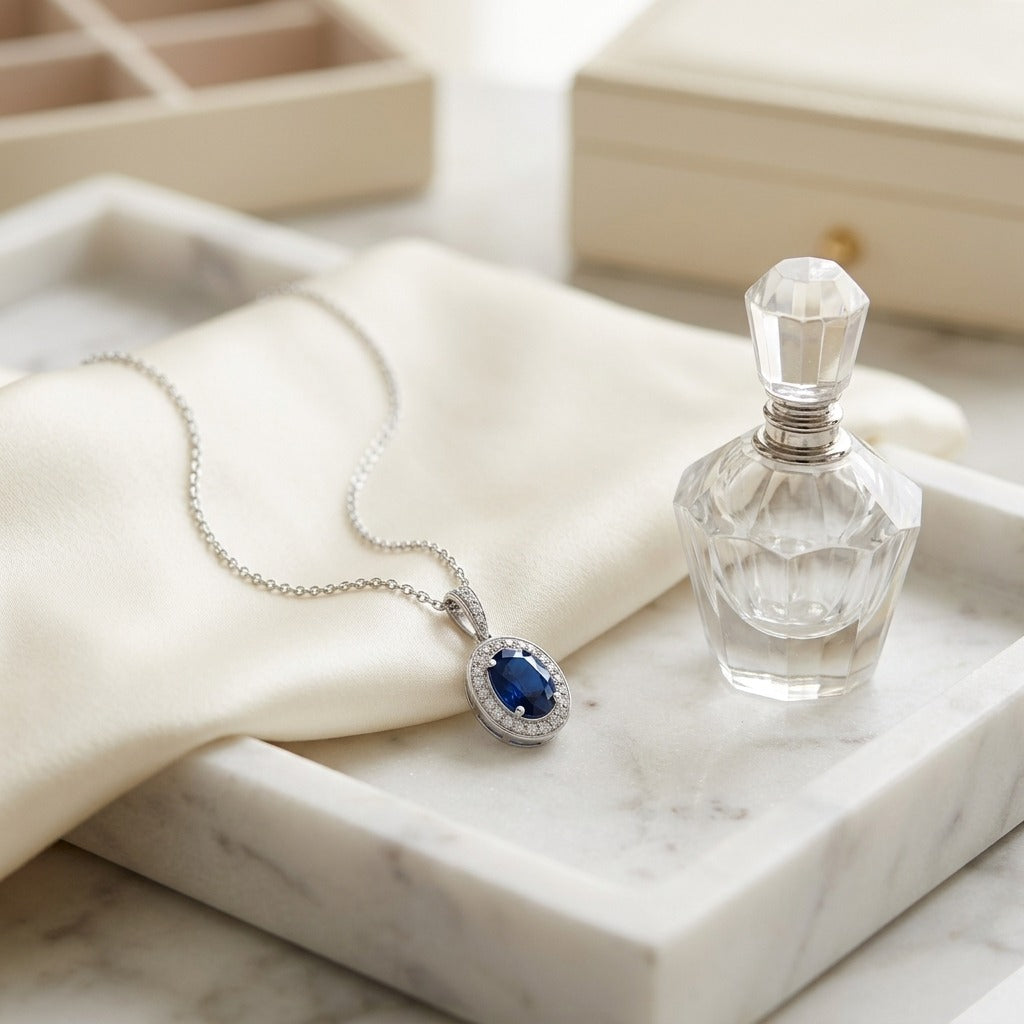 Sapphire and Diamond Pendant in 14k White Gold (1/6 Ct. Tw,) — marble silk