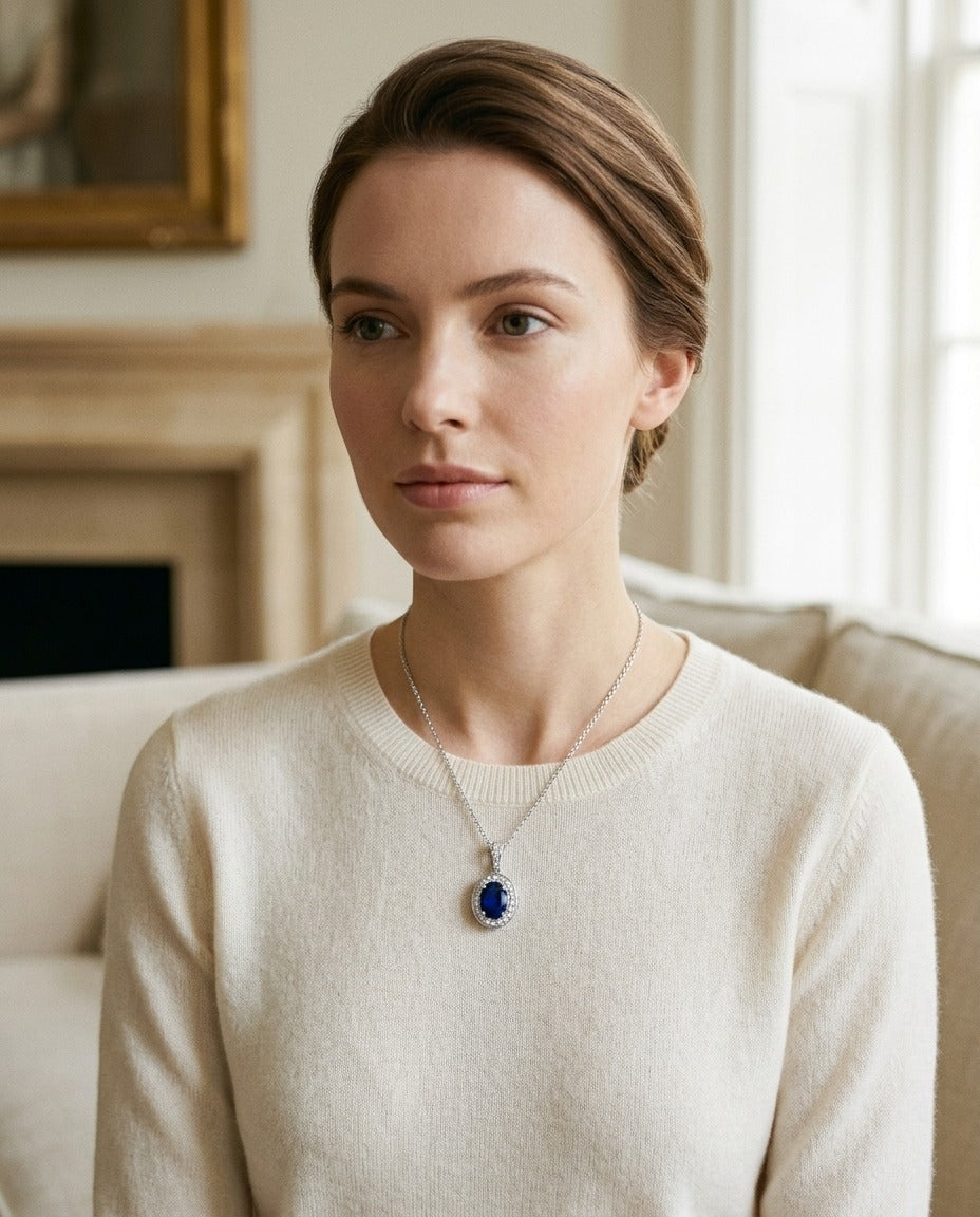 Sapphire and Diamond Pendant in 14k White Gold (1/6 Ct. Tw,) — portrait close