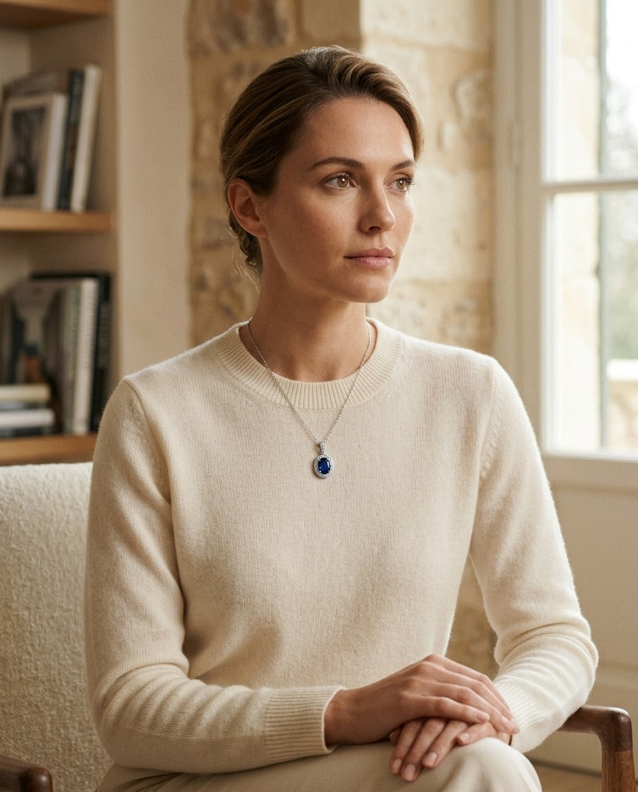 Sapphire and Diamond Pendant in 14k White Gold (1/6 Ct. Tw,) — portrait full