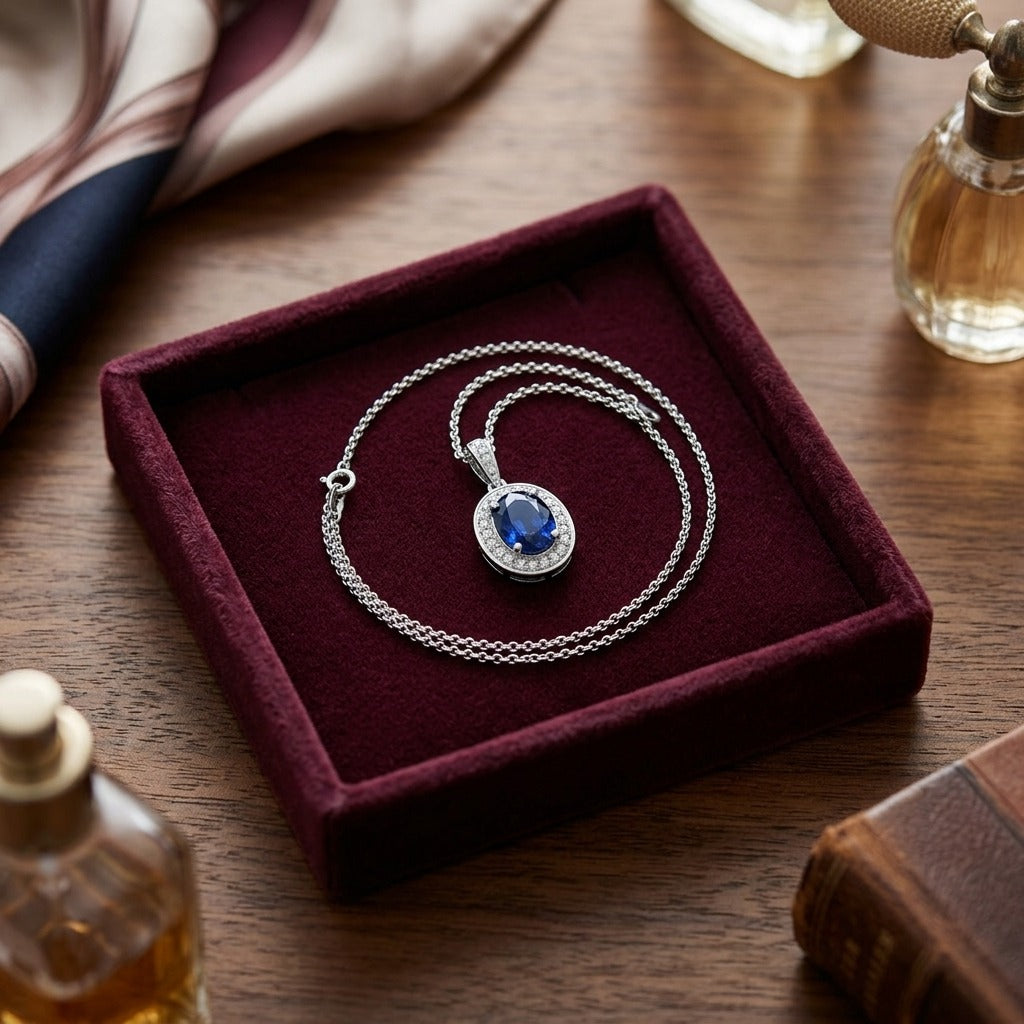 Sapphire and Diamond Pendant in 14k White Gold (1/6 Ct. Tw,) — velvet box