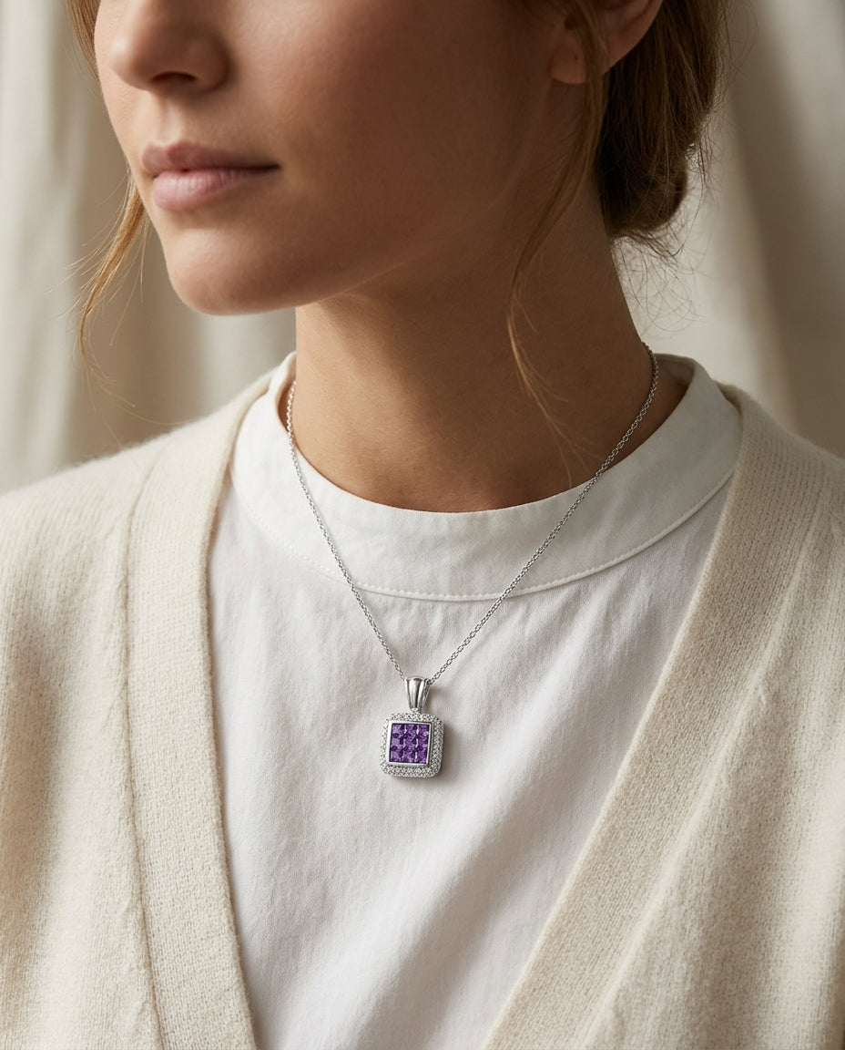 Amethyst And Pave Diamond Pendant In 14k White Gold — editorial close-up