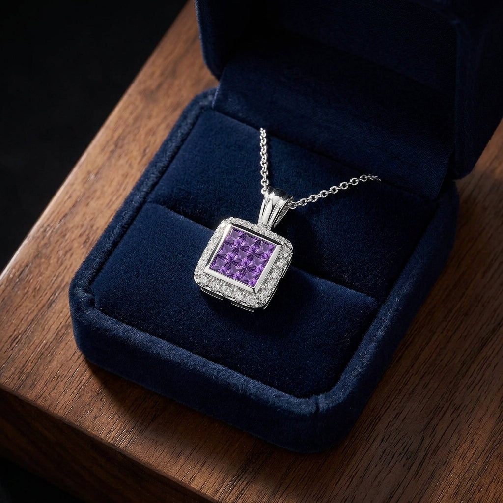 Amethyst And Pave Diamond Pendant In 14k White Gold — gift presentation