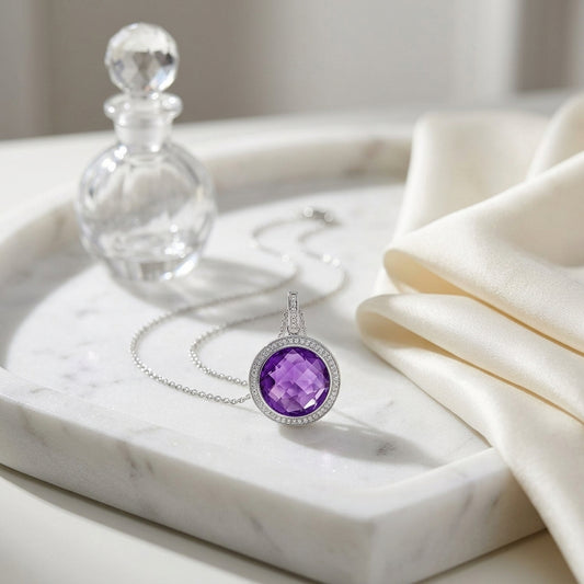 Amethyst And Diamond Round Checkerboard Halo Pendant In 14k White Gold (si) — atelier still life