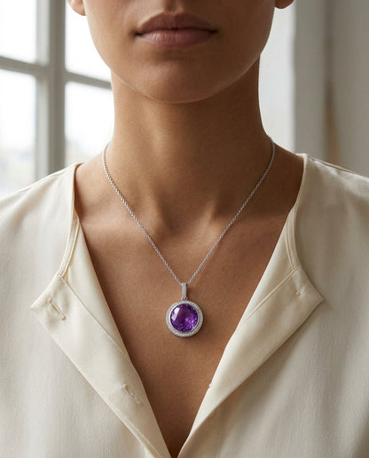 Amethyst And Diamond Round Checkerboard Halo Pendant In 14k White Gold (si) — editorial close-up