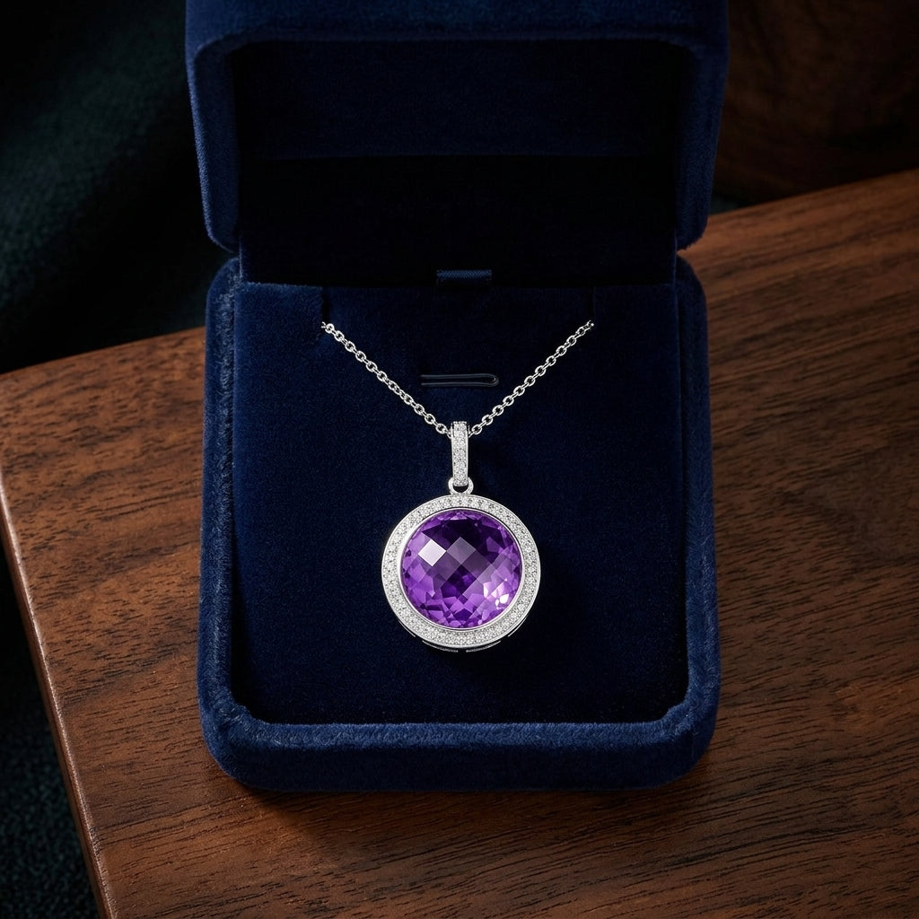 Amethyst And Diamond Round Checkerboard Halo Pendant In 14k White Gold (si) — gift presentation
