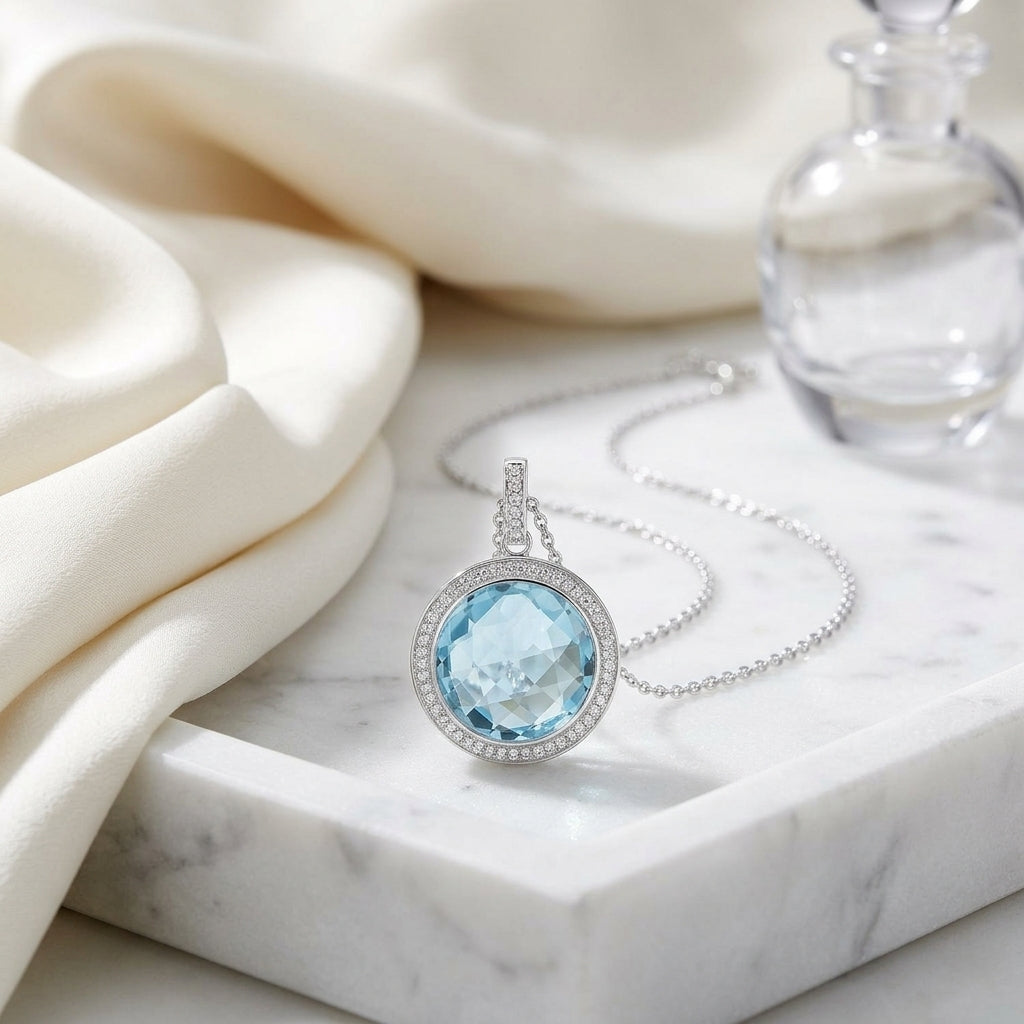 Blue Topaz And Diamond Round Checkerboard Halo Pendant In 14k White Gold — atelier still life
