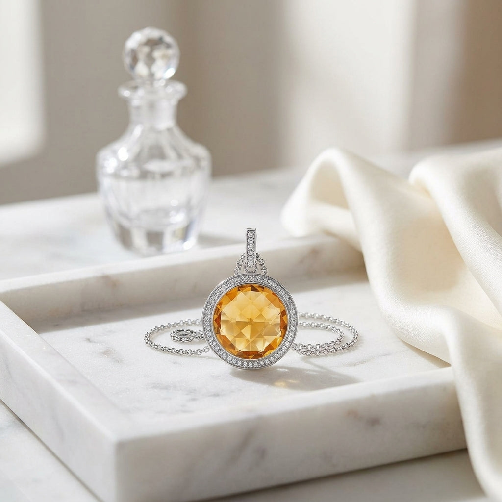 Citrine And Diamond Round Checkerboard Halo Pendant In 14k White Gold (si) — atelier still life