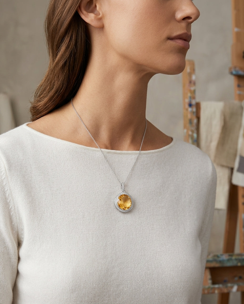 Citrine And Diamond Round Checkerboard Halo Pendant In 14k White Gold (si) — editorial close-up