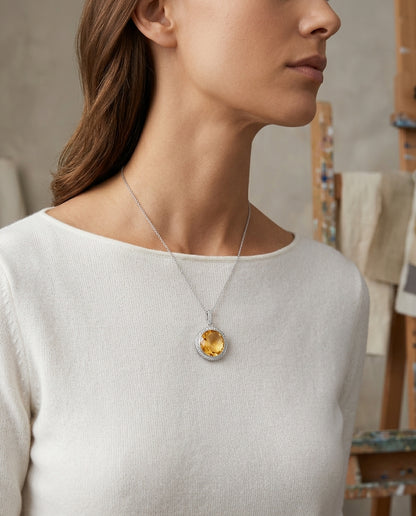 Citrine And Diamond Round Checkerboard Halo Pendant In 14k White Gold (si) — editorial close-up