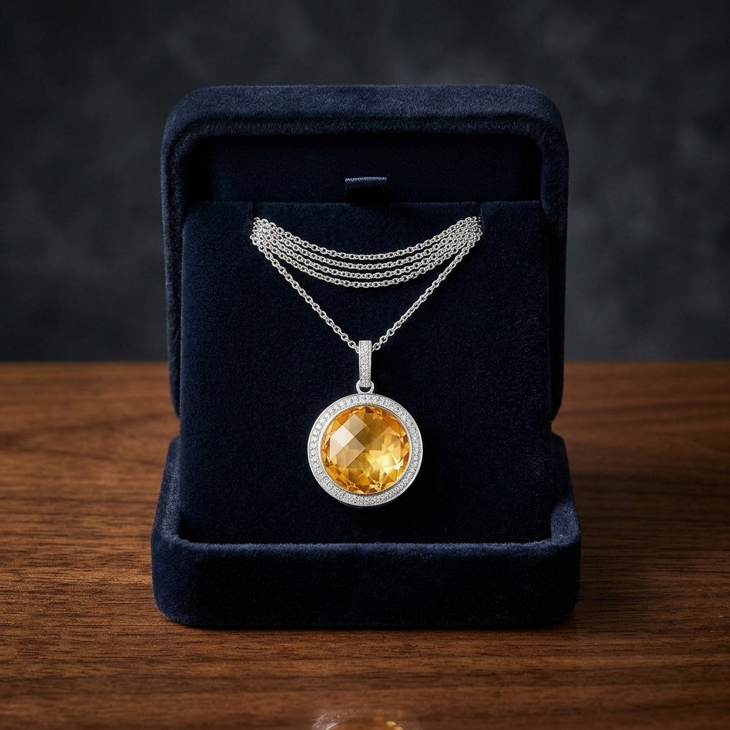 Citrine And Diamond Round Checkerboard Halo Pendant In 14k White Gold (si) — gift presentation
