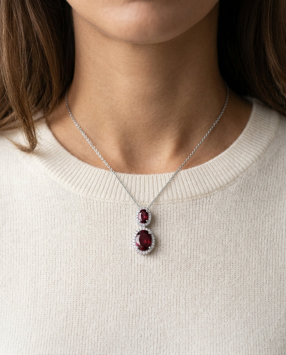 Pink Tourmaline, Rhodolite Garnet And Diamond Oval Stacked Halo Pendant In 14k White Gold — editorial close-up