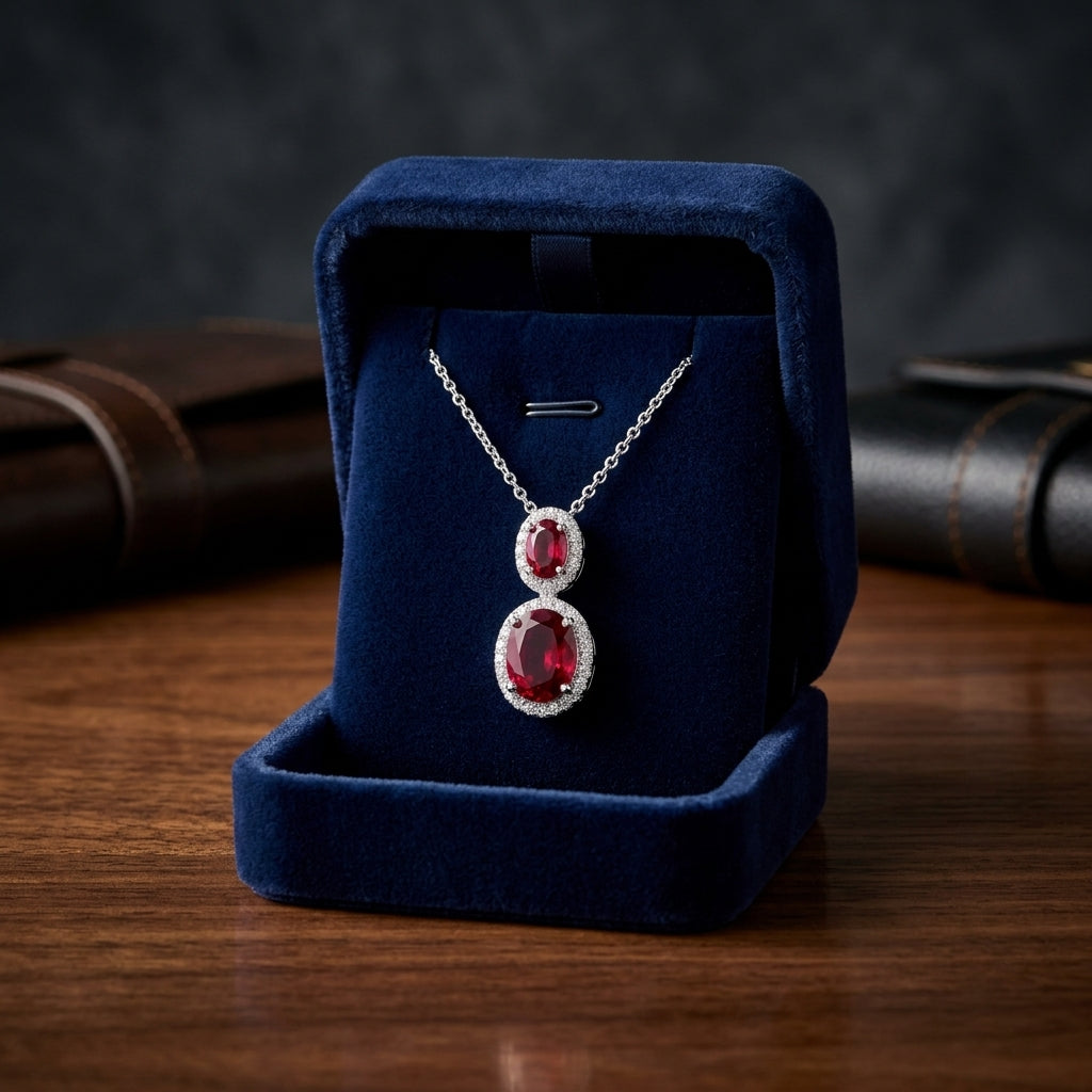 Pink Tourmaline, Rhodolite Garnet And Diamond Oval Stacked Halo Pendant In 14k White Gold — gift presentation