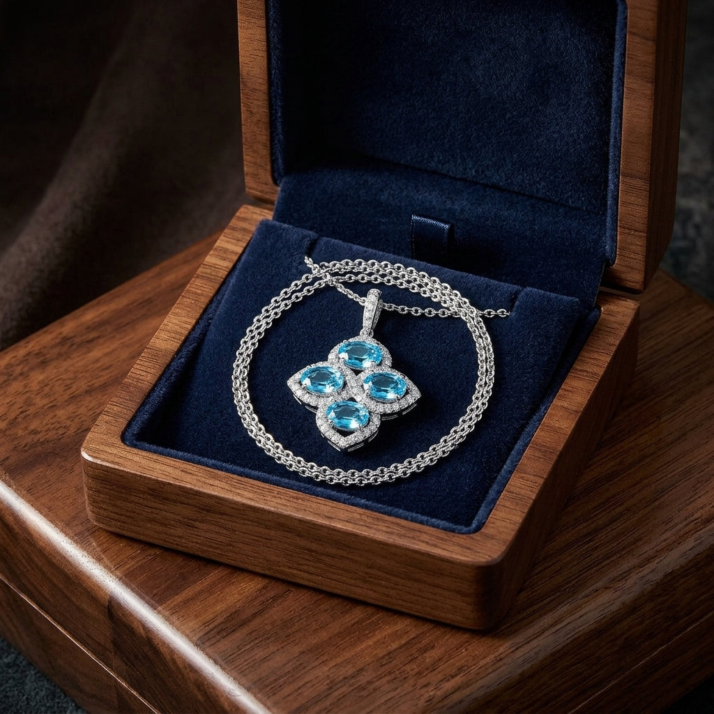 Blue Topaz And Diamond Oval Cluster Flower Pendant In 14k White Gold (6x4mm) — gift presentation