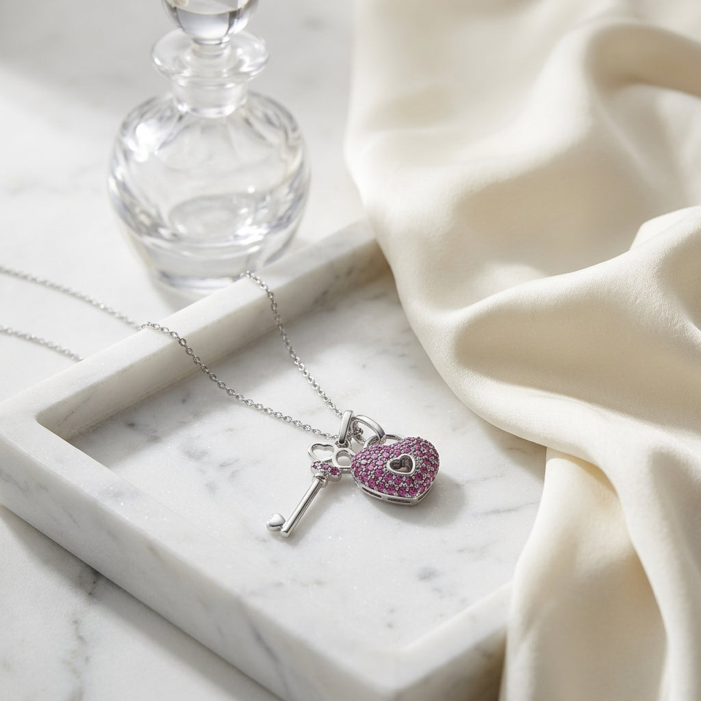Ruby Heart Lock & Key Pendant In 14k White Gold (18-in Curb Chain) — atelier still life