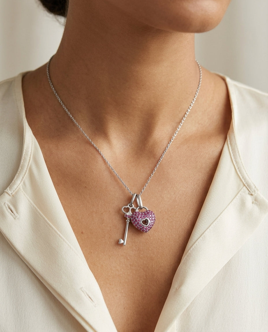 Ruby Heart Lock & Key Pendant In 14k White Gold (18-in Curb Chain) — editorial close-up