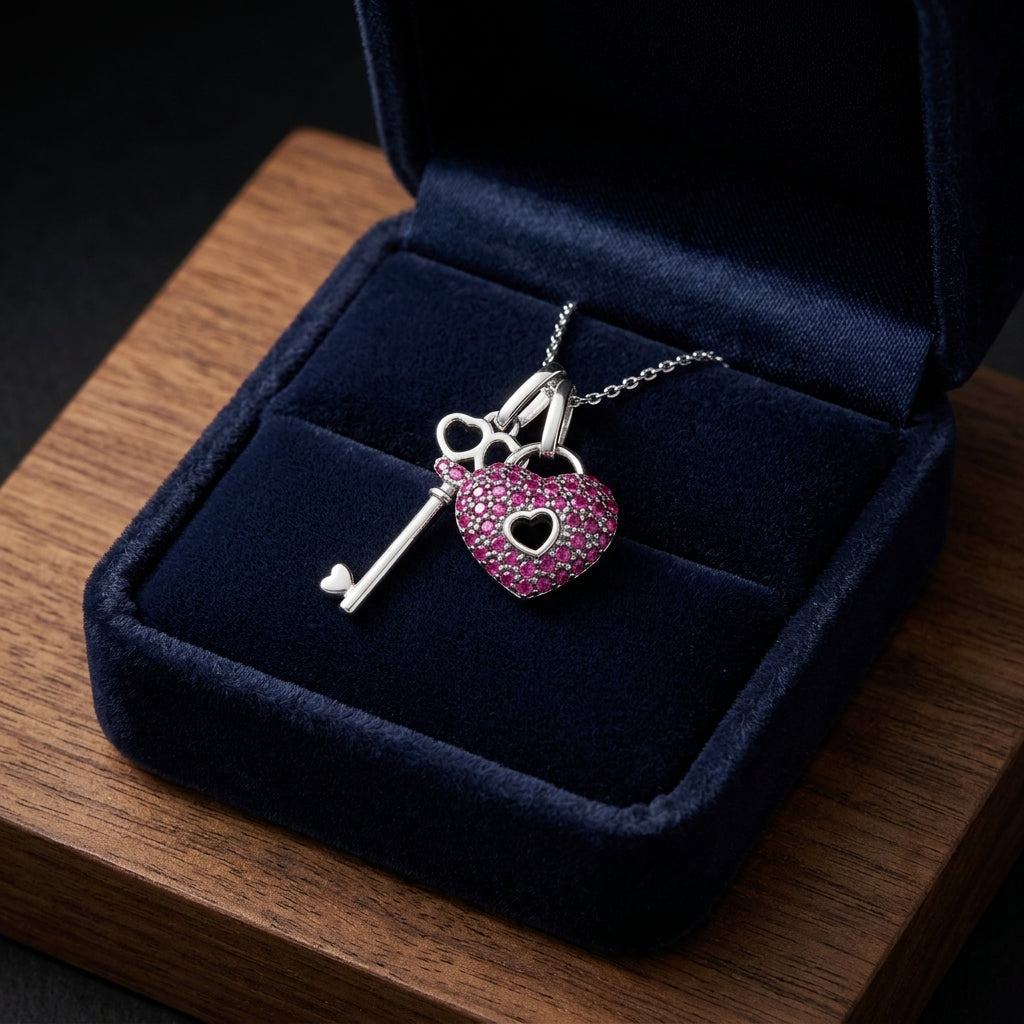 Ruby Heart Lock & Key Pendant In 14k White Gold (18-in Curb Chain) — gift presentation