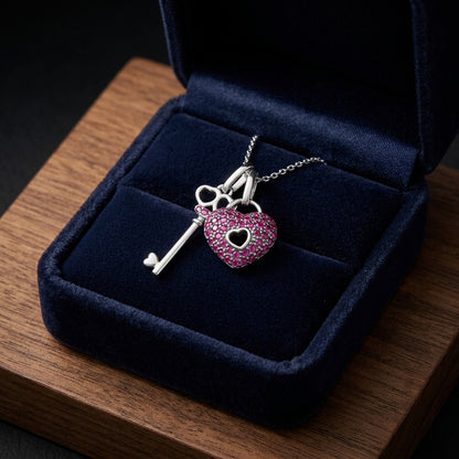 Ruby Heart Lock & Key Pendant In 14k White Gold (18-in Curb Chain) — gift presentation