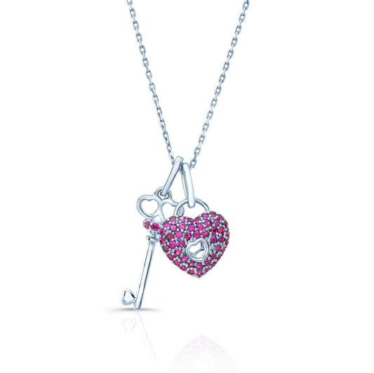 Ruby Heart Lock & Key Pendant In 14k White Gold (18-in Curb Chain)
