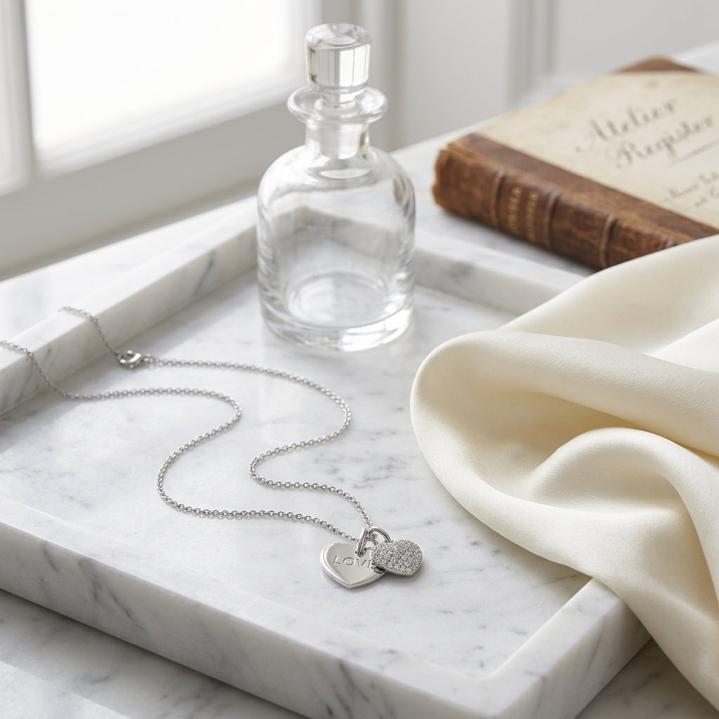 Diamond Double Heart Dangle Pendant In 14k White Gold (18 In Curb Chain) — atelier still life