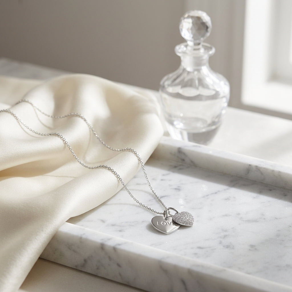 Diamond Double Heart Dangle Pendant In 14k White Gold (17 In Curb Chain) — atelier still life