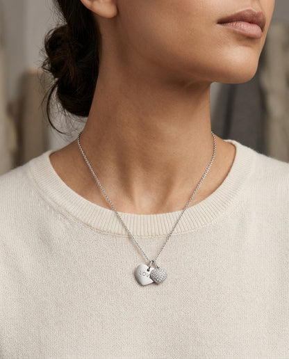 Diamond Double Heart Dangle Pendant In 14k White Gold (17 In Curb Chain) — editorial close-up