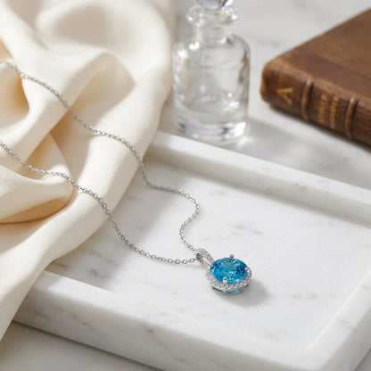Blue Topaz And Diamond Martini-set Round Halo Pendant In 14k White Gold — atelier still life