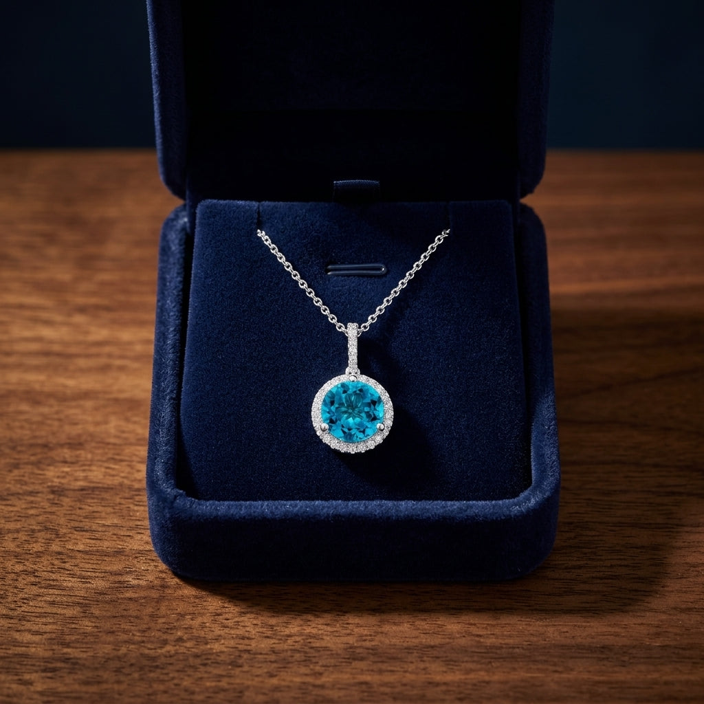 Blue Topaz And Diamond Martini-set Round Halo Pendant In 14k White Gold — gift presentation