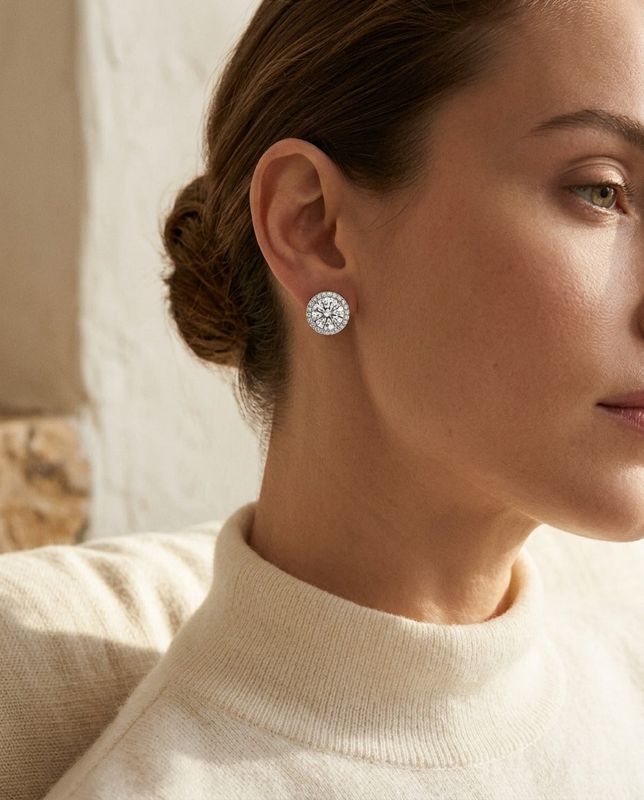 Diamond Round Halo Pendant with Studded Bail in 14k White Gold (Cz Center) — portrait close