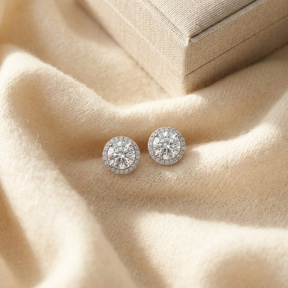 Diamond Round Halo Pendant with Studded Bail in 14k White Gold (Cz Center) — textile flat lay
