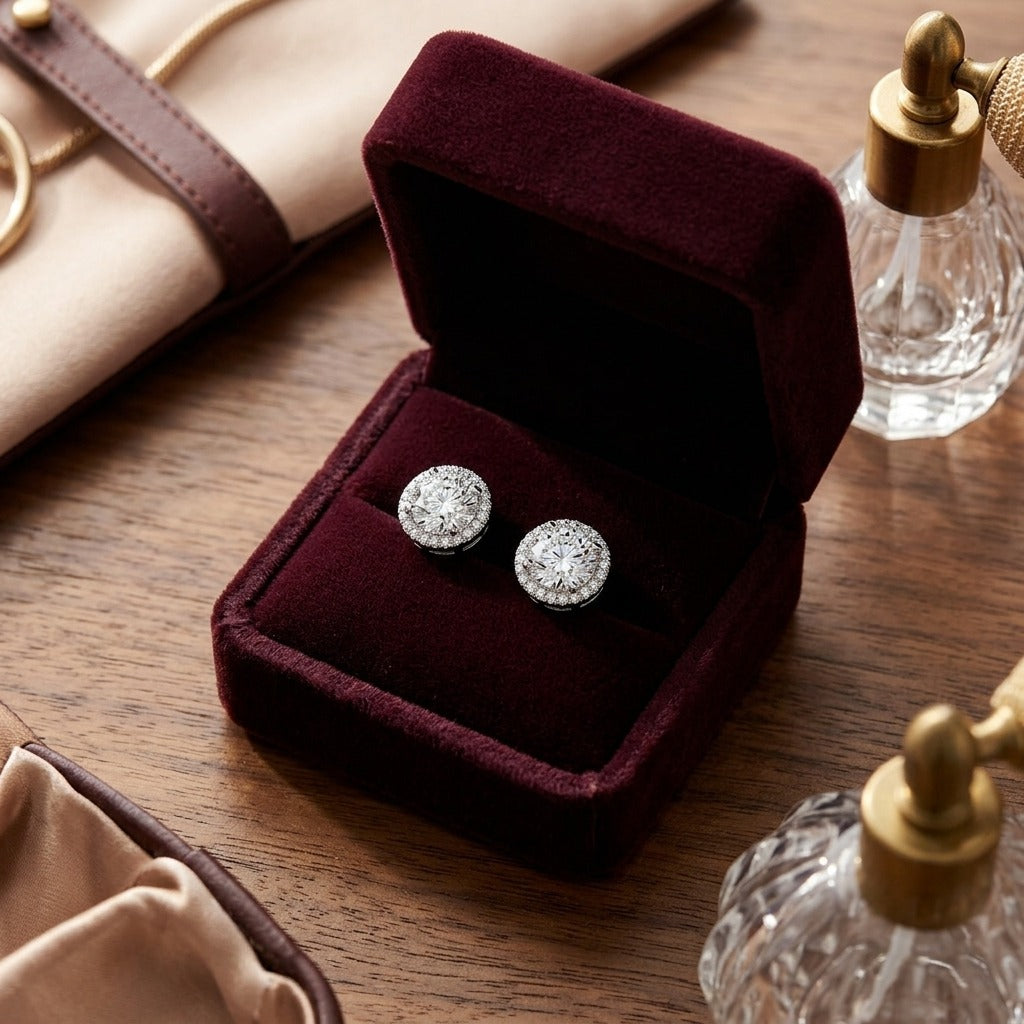 Diamond Round Halo Pendant with Studded Bail in 14k White Gold (Cz Center) — velvet box