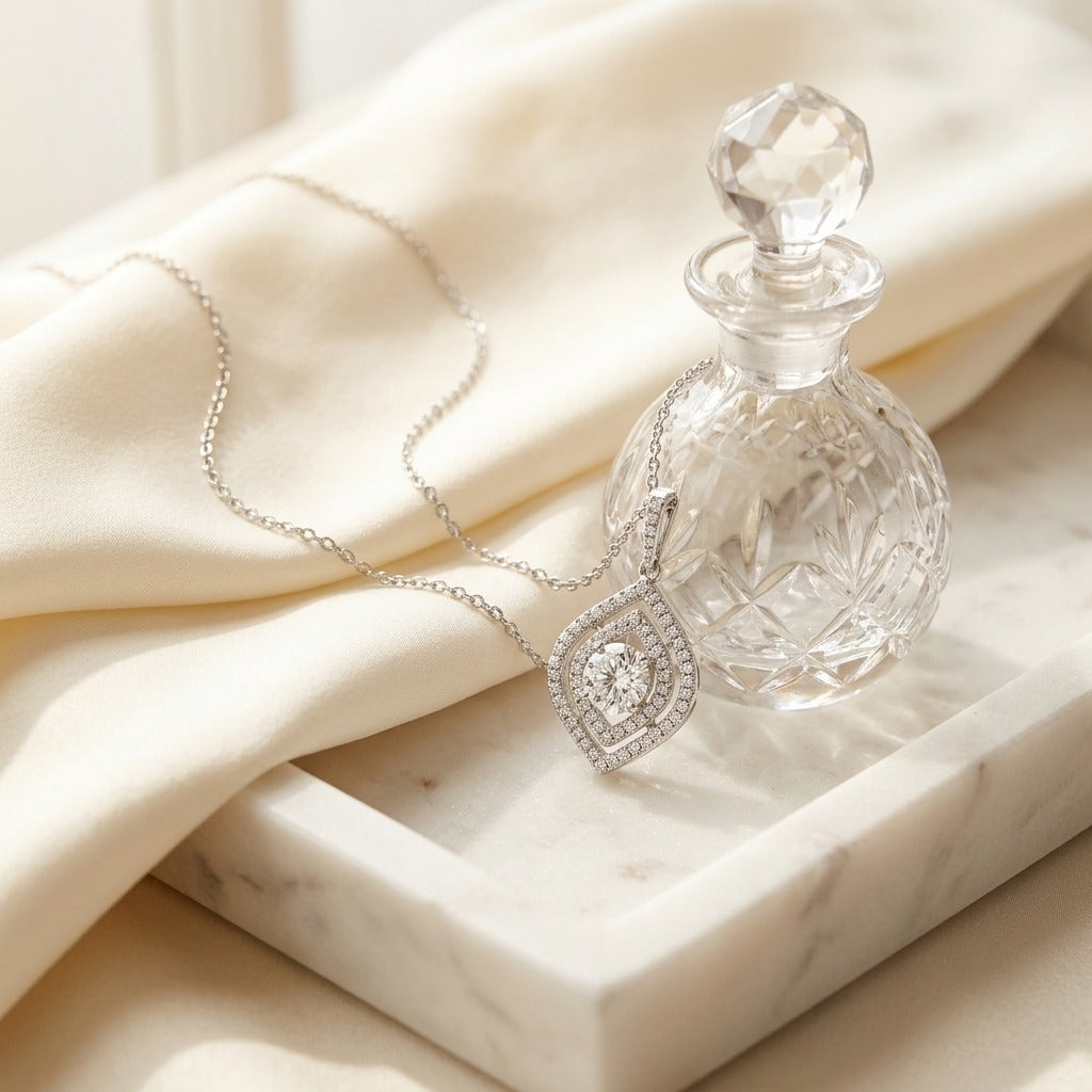 Diamond Double Marquise Frame Pendant In 14k White Gold (custom) — marble silk