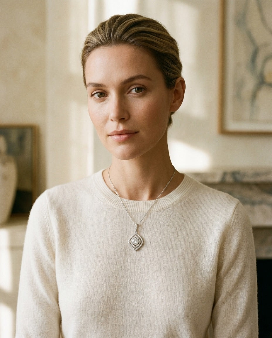 Diamond Double Marquise Frame Pendant In 14k White Gold (custom) — portrait close