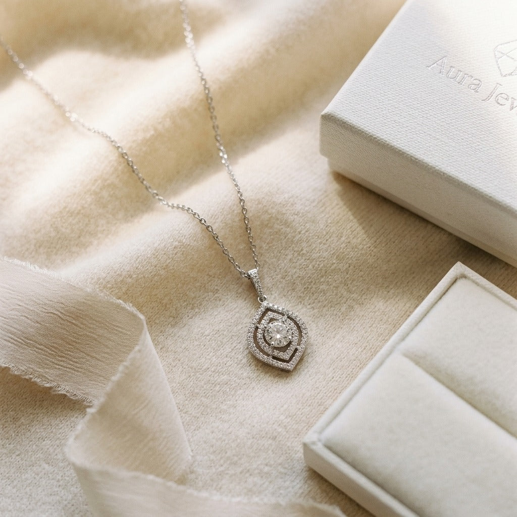 Diamond Double Marquise Frame Pendant In 14k White Gold (custom) — textile flat lay