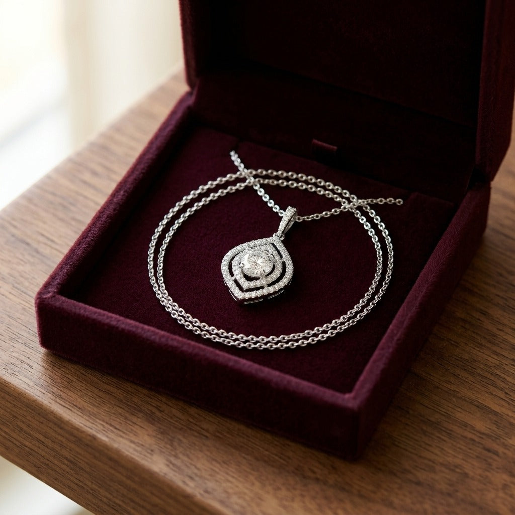 Diamond Double Marquise Frame Pendant In 14k White Gold (custom) — velvet box