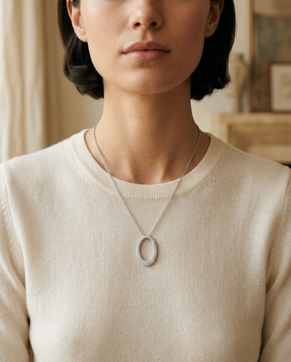 Diamond Pave Oval Pendant In 14k White Gold 3/8ctw — portrait close