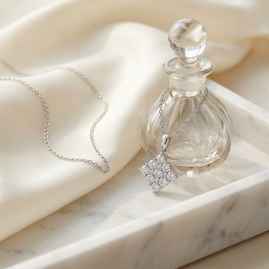 Diamond Square Cluster Pendant In 14k White Gold — marble silk