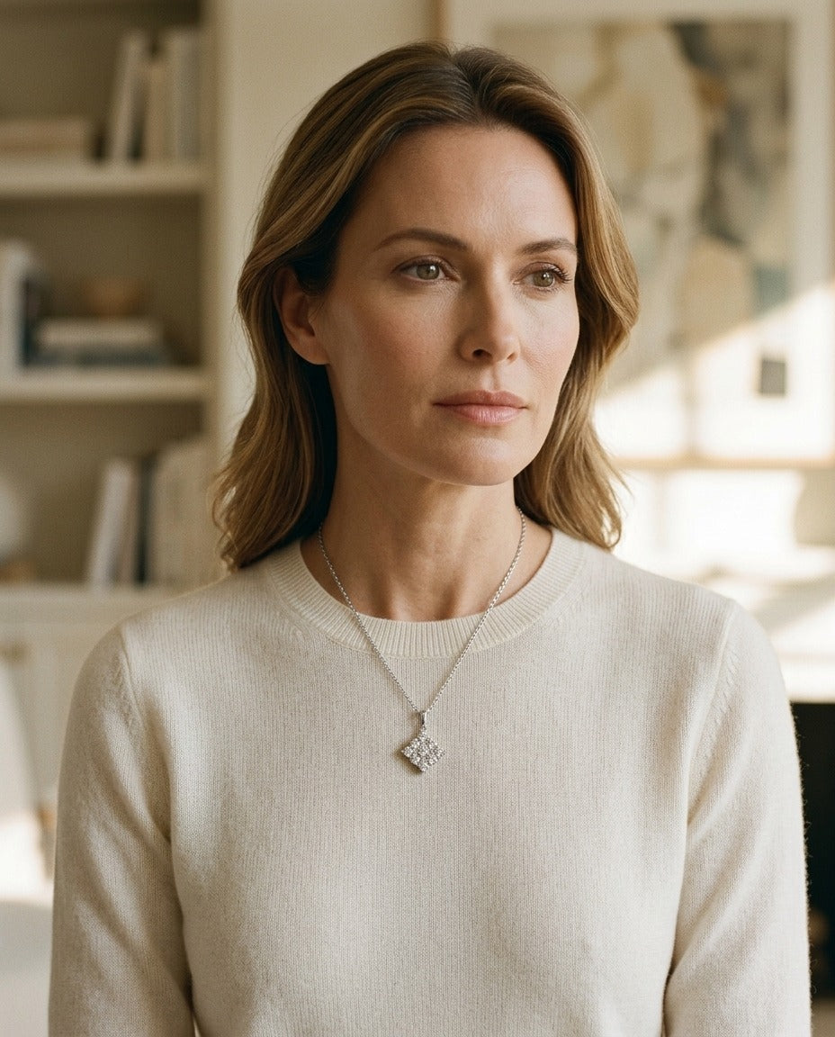 Diamond Square Cluster Pendant In 14k White Gold — portrait close