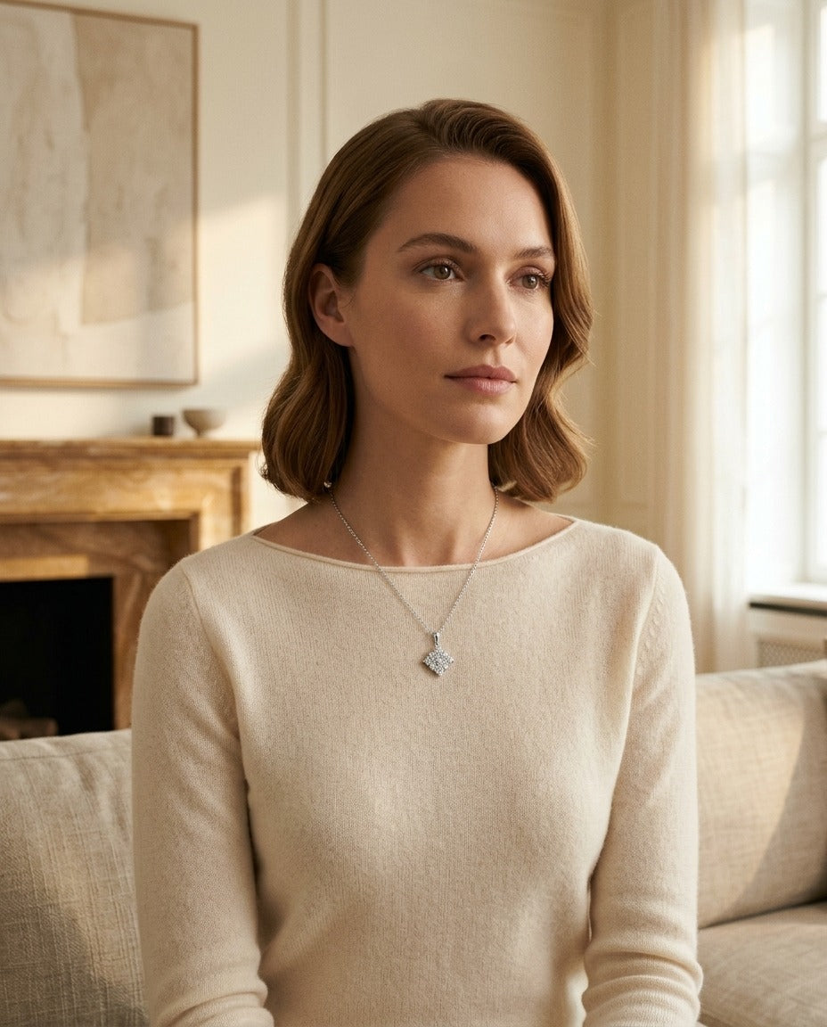 Diamond Square Cluster Pendant In 14k White Gold — portrait full