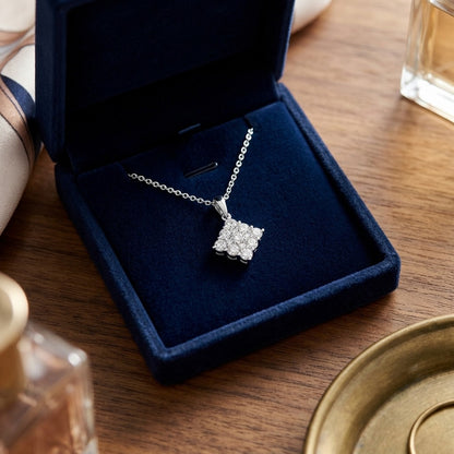 Diamond Square Cluster Pendant In 14k White Gold — velvet box