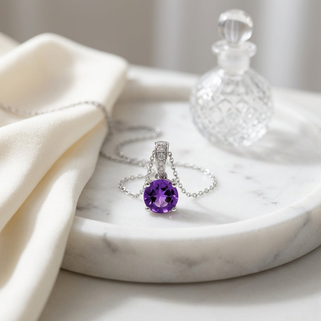 Amethyst And Diamond Round Dangle Pendant In 14kw, 18 Inch Chain — atelier still life